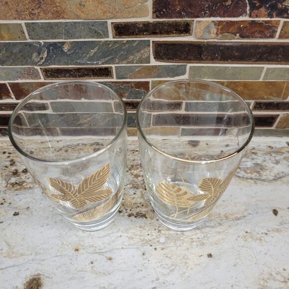 2 Vintage Gold Leaf Glass Tumblers, Flat Bottom 5-1/4" tall 14 oz, Mid Century - Picture 2 of 4